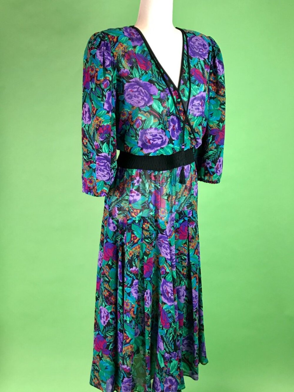 Vintage 80s Diane Freis Bold Dark Floral Pleated Georgette Dress Size Large - Picture 8 of 10